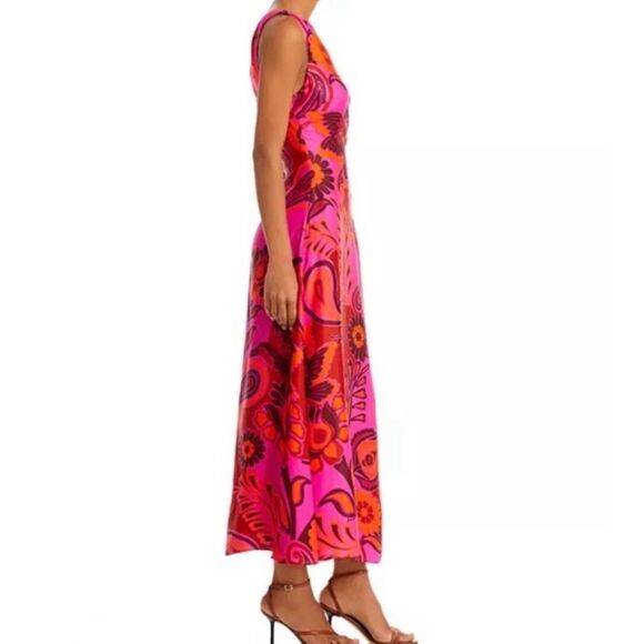 NEW FARM Rio Bold Floral Pink Midi Dress One Shoulder Cut-Out Beaded Ties Size L - Picture 5 of 16